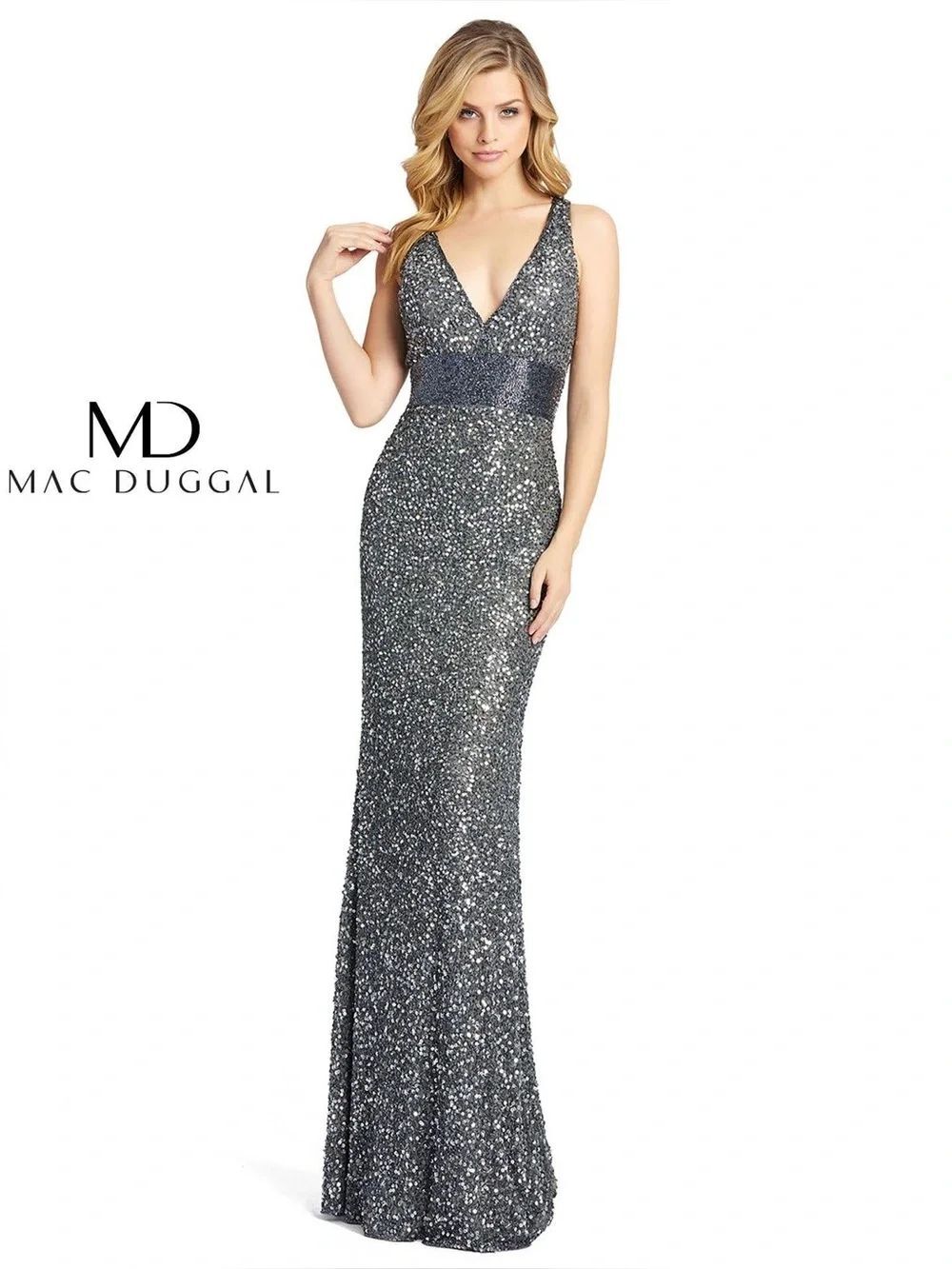 MAC DUGGAL 4930D V-NECK SEQUIN BEADED COLUMN GOWN Size 16 Charcoal NWT